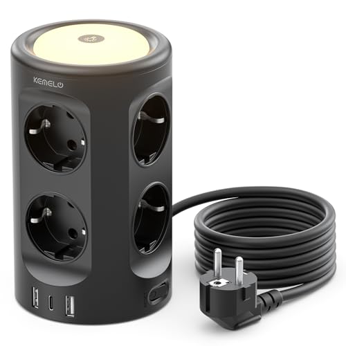 Torre Regletas Enchufes, Regleta USB 8 Tomas de AC y 3 USB, 2M Torre Enchufes Vertical con luz Nocturna y Interruptor,Regleta Enchufes Proteccion Sobretension, Enchufe Multiple para Mesa, Oficia, Casa