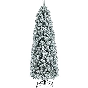 Yaheetech 6Ft Snow Flocked Fir Pencil Christmas Tree Slim Corner Hinged Artificial Xmas Tree with 814 Branch Tips and Metal Stand Holiday Decoration for Home Office Party White