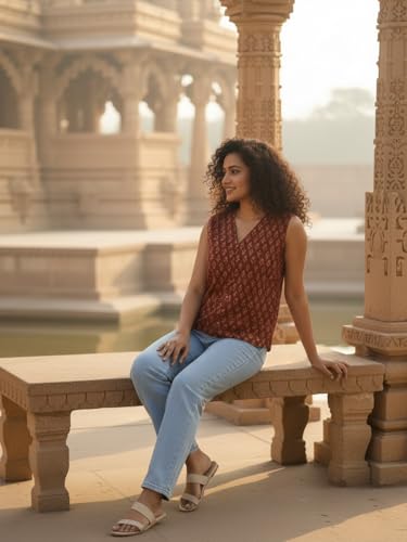 Image of Varanga Women Buti Printed Cotton Top | Sleeveless V-Neck | Bohemian Style | Lightweight & Breathable | Effortless Everyday Casual Wear