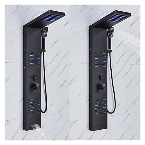 Panel de ducha, panel de ducha LED negro mate con cascada, grifo de lluvia, columna de ducha SPA con jets de masaje y mezclador de doble mando (6002 Negro 1) miniatura 4