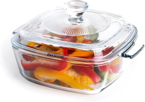 BHTHIM - 1.5L Square Glass Casserole With Lid - Multiple Uses Glass Bowl for Cooking, Baking, Serving, Mixing and Storing - Tempered Glass Bowl for Microwave & Oven Safe & Heat Resistant - Pack of 1