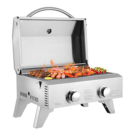 ROVSUN Portable Propane Gas Grill, 20,000 BTU Tabletop Grill Outdoor Cooking Stove with Foldable Legs,Regulator, 2 Burner Stainless Steel for Picnic Camping Trip, Tailgating, Patio Garden BBQ Home Use