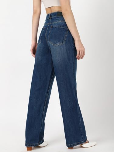 Image of Bewakoof Women's 100% Cotton Straight Fit Jeans | Jeans for Woman | Pants for Woman | Classic Denim Pants | Everyday Casual | Utility Streetwear | Lightweight & Flexible | Straight Pants for Women