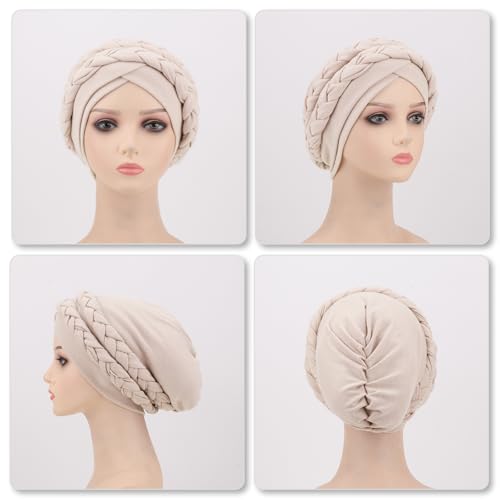 Image of DRESHOW African Women Turban Caps Cotton Beanie Twist Headscarf Pre-Tied Double Twisted Braids Wrap Hat Chemo Cancer Cap