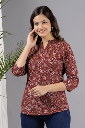 Image of Women's Cotton Printed Kurta Top | 3 /4 Sleeve Straight Kurti Casual Outings