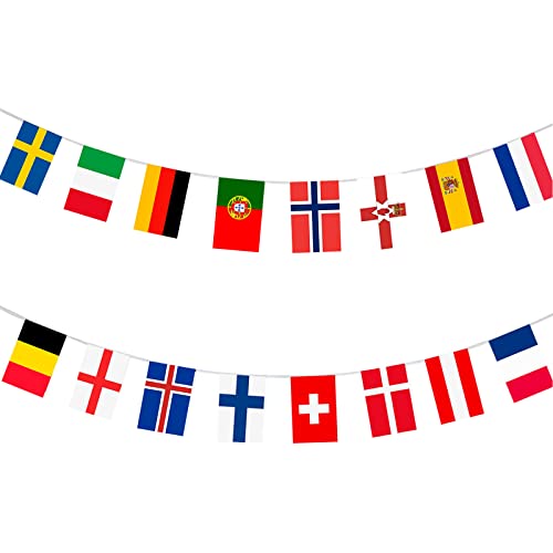 AhfuLife Euro Länder Flaggenkette Flagge der Welt, Eurovision Flaggen Girlande, 16 Nationen Wimpelkette für Damen EM Fußball Europäische Fußballmeisterschaft Garten, Bar, Restaurant und Party Deko Cover