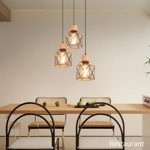 iDEGU 3 Lampes Suspension Luminaire Vintage Lustre Plafonnier Industriel Bois Lampe de Plafond Abat-jour Design Cage avec Corde de Chanvre E27 Éclairage Plafond pour Salon Chambre Cuisine (Cercle) – vue 9
