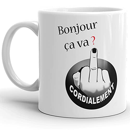 Kalféa Mug Humour Tasse bonjour ça va doigt d'honneur cordialement fais pas chier tasse céramique Qualité Idée cadeau Originale drôle anniversaire Noël fête ami...