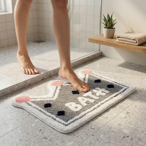 Image of Dream Weaverz 2000 GSM Super Soft Microfiber Bath Mat 40x60 cm | Ultra Absorbent Anti-Skid Quick Dry Bathroom Rug | Floor Mat for Bathroom, Bedroom, Kitchen, Home | Cute Design Bathmat (Grey)