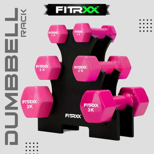 Image of Fitrxx Vinyl Dumbbells With Stand | Men and Women | Non-Slippery Dumbbell for Home and Gym | Full Body Workout (Pink, 1 kg, 2 kg, 3 kg = 12 Kg)
