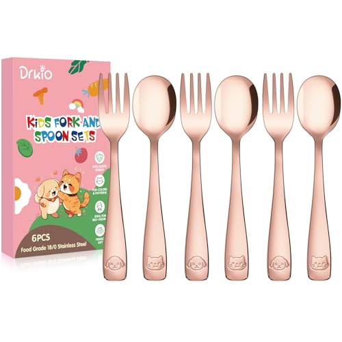 DRKIO Stainless Steel Toddler Utensils Set - 6 Pieces Kids Silverware Set Children Safe Food Grade Small Forks and Spoons Dishwasher Safe Mirror Polished