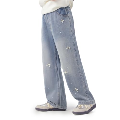 Baggy Jeans for Girls Rhinestone Bows Wide Leg Pants Adjustable Waist Pockets Cute Jeans for Girls Teen Kids Washed2