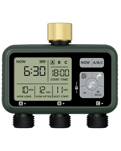 WILAWELS 3 Zone Brass Sprinkler Timer Garden Hose Timer Automatic Irrigation System Programmable Faucet 3 Outlets with Rain Delay Manual Mode Child Lock for Yard Garden Lawn Green E13WT06