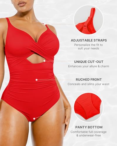Image of SHAPELLX Tummy Control Swimsuits Women V Neck One Piece Bathing Suit Ruched Push Up Slimming Swimwear Built-in Bra
