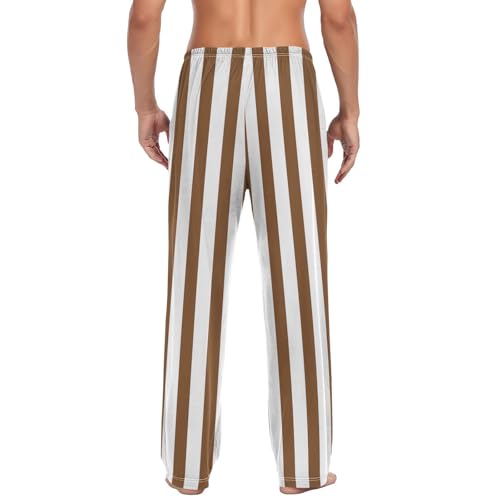 Lounge Pajama Pants for Men Brown White Stripes Men's Sleep Bottoms Pants with Drawstring, S2