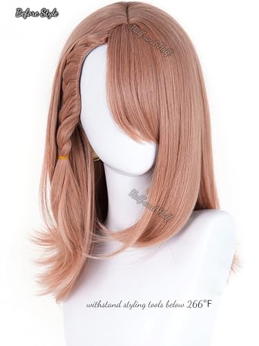 Image of Half and Half Orange Pink Anime Wig for Hanasato Minori Cosplay Shoulder Lenth Deep Rose Blonde Game Wig with Side Part Bangs for Women Halloween Party Daily