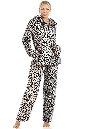 Camille Conjuntos de Pijama de Felpa Suave de Cuerpo Entero de Manga Larga para Mujer 38-40 Leopard