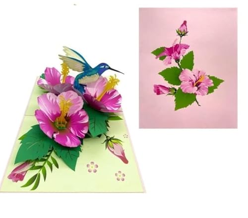 Carte de vœux pop-up 3D hibiscus colibri anniversaire et toutes occasions