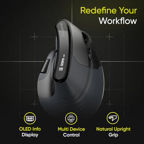 Image of Amkette XS Natural Plus Programmable Vertical Wireless Mouse /Bluetooth Mouse, OLED Display Side Scroll, 6400DPI, 2.4G+3xBT+Wired, 7 Button, Rechargeable, 6400DPI, Web Software, 1000Hz, 2Yrs Warranty