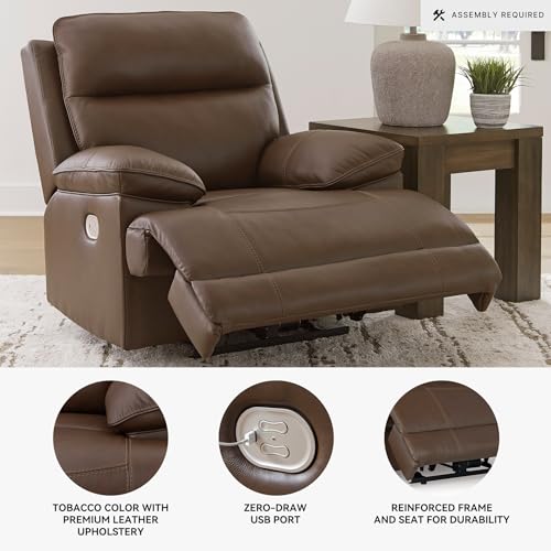 Image of Signature Design by Ashley VonRyan Power Recliner, Zero Gravity Oversized Leather Recliner with Adjustable Headrest, Living Room Chair with USB Port, Tobacco Brown