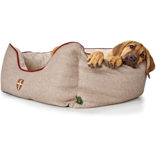 HUNTER Hundesofa UNIVERSITY, gemütliches Hundebett im College-Look, weiches Kuschelsofa mit Wendekissen, erhöhter Rand, Bezug waschbar, Farbe: beige, Größe: M