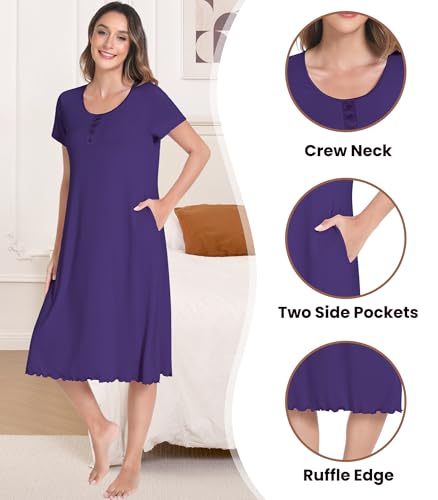 Image of NACHILA Bamboo Viscose Nightgown for Women Short Sleeve Crew Neck Sleepwear
