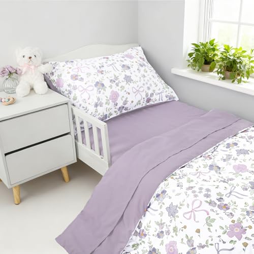 Image of SWESEN Toddler Bedding Set for Girls, Purple Floral Toddler Girls Bedding Set, Soft & Lightweight 4 Piece Toddler Comforter Sets Include Comforter, Flat Sheet, Fitted Sheet, Pillowcase