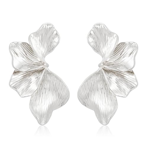 FAUTHENTICUTE Large Silver Plated Flower Statement Earrings For Women Exaggerated Leaf Dangle Earrings Summer Bohemian Striped Sectored Geometric Earrings
