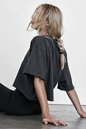 Women's Oversize Workout Crop Tops Casual Short Sleeve Drop Shoulder Boxy T-Shirts Roll Hem Basic Loose Yoga Running Tees3