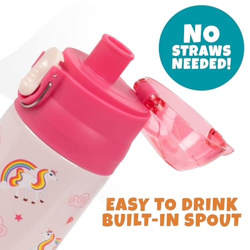 Image of Bentology Stainless Steel 13 oz Unicorn Insulated Water Bottle for Girls - Easy to Use for Kids - Reusable Spill Proof BPA-Free Water Bottle | Double Wall Insulated, Spill Proof Lid W /Built-in Straw- Keep Liquids Hot or Cold- Easily Fits in Lunch Boxes & Bags