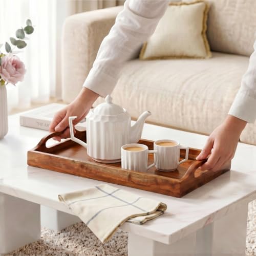 Image of Nestasia Wooden Serving Tray with Handles (36x20cm) - Acacia Wood Rectangular Brown Tray for Dining & Coffee Table | Platter for Serving Tea, Cakes, Snacks, Breakfast & Home Decor (Deep Brown)