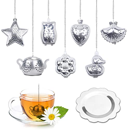 Tslinc 8Pcs Loose Leaf Tea Infuser With Chain And Drip Trays Stainless Steel Tea Ball Tea Strainer For Loose Tea Tea Steeper For Tea Flavoring Herbal Spices Seasonings, Silver #TOP16