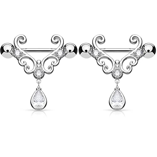 Pair Of Cz Tear Drop Dangle Heart 14K Gold Plated Nipple Rings Barbell 14G 9/16" - Silver #TOP1