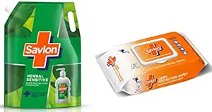 Savlon Herbal Sensitivel pH balanced Liquid Handwash Refill Pouch, 1500ml, Fresh, 1.5 l (Pack of 1) & Germ Protection Multipurpose Thick & Soft Wet Wipes With Fliptop Lid - 72 Wipes Multi Purpose