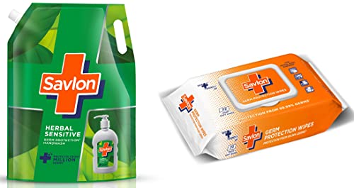 Image of Savlon Herbal Sensitivel pH balanced Liquid Handwash Refill Pouch, 1500ml, Fresh, 1.5 l (Pack of 1) & Germ Protection Multipurpose Thick & Soft Wet Wipes With Fliptop Lid - 72 Wipes Multi Purpose
