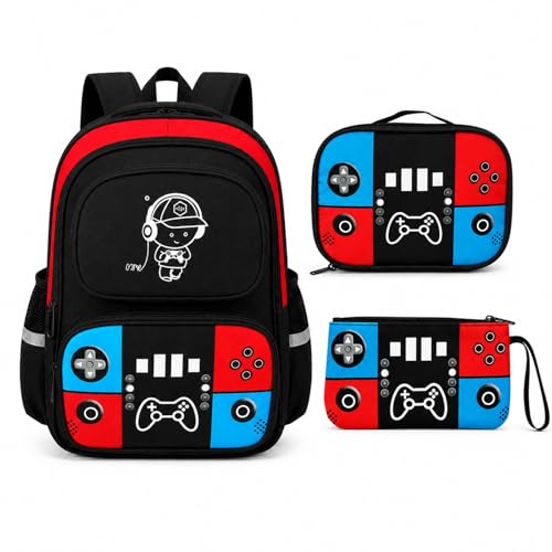 GXZKAY Cool Luminous Gamer Backpack for Boys - 3-in-1 School Backpack Set with Lunch Box & Pencil Pouch 17-Inch Waterproof Kids Bookbag for Elementary Middle School Travel Glow In The Dark
