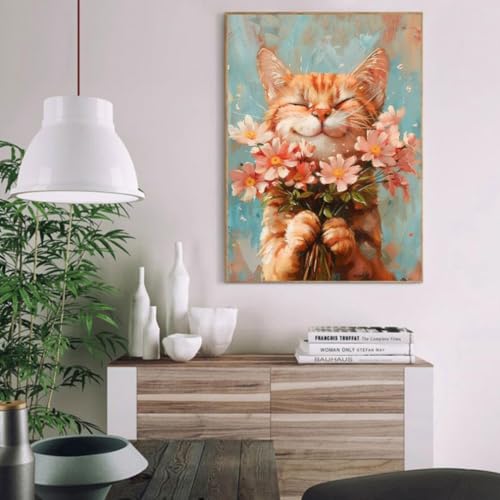 Image of Cat Paint by Numbers Kit for Adults with Framed Canvas&Wooden Easel, DIY Acrylic Paint by Numbers Kits on Canvas, Cat with Flower Drawing Paintwork Arts and Crafts for Home Wall Decor 12x16inch