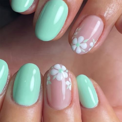 24 uñas postizas de almendra a presión, pegamentos falsos artificiales en diseños de flores, puntas francesas, pegamentos acrílicos para mujer, transparentes