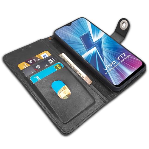 Image of Pikkme Vivo Y12 / Y15 / Y17 / U10 Flip Cover Leather Finish | Inside TPU with Card Pockets | Wallet Stand and Shock Proof | Complete Protection Flip Case (Button Black)