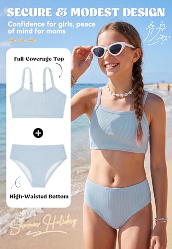 Image of Zando 2 Piece Ribbed Swimsuits for Teen Girls Kids Size 6-15 Years High Waisted Solid Cute Bikini for Summer Beach Wear