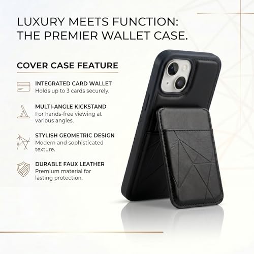 Image of amazon basics Premium Vegan Leather Back Cover with Card Holder and Integrated Mobile Stand for iPhone 15 - Slim Shockproof Wallet Case with Geometric Stitching [Black]
