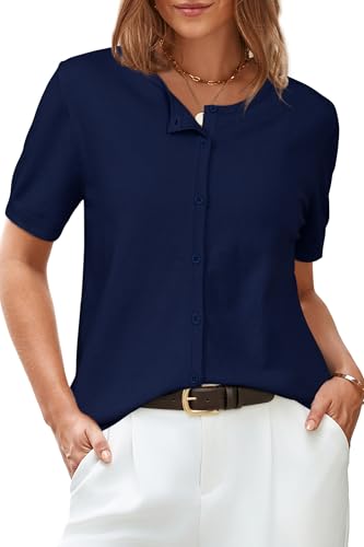 Image of Arach&Cloz Women's Wool Blend Cropped Lightweight Short Sleeve Summer Business Casual Cardigan Tops