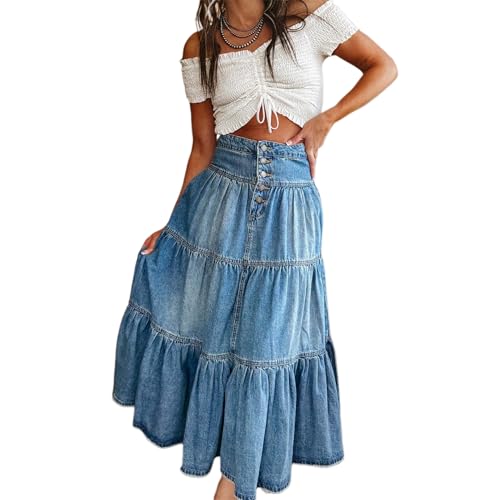 Women Ruffle Denim Long Skirt Y2K Boho High Waist Tiered Flowy Pleated A Line Jean Skirts Vintage Cowboy Maxi Skirt