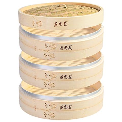 Hcooker 3 Tier Kitchen Bamboo Steamer with Stainless Steel Banding for Asian Cooking Buns Dumplings Vegetables Fish Rice Cover