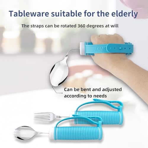 Tremors Elderly Assistance Products,Spoon and Fork Three Piece Set,Handicap Accessories for Daily Living,Adaptive Equipment with Blue Handle Belt,Aids for Living,Eating Utensils Sets. - Image 3