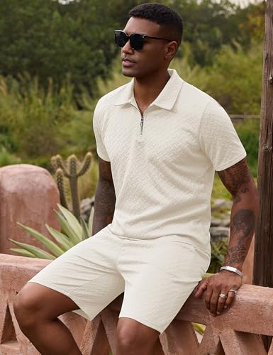 Image of URRU Mens Textured Polo Shirt and Shorts Sets Outfits 2 Piece Summer Tracksuits Casual Quarter Zip Golf Polo Shirts