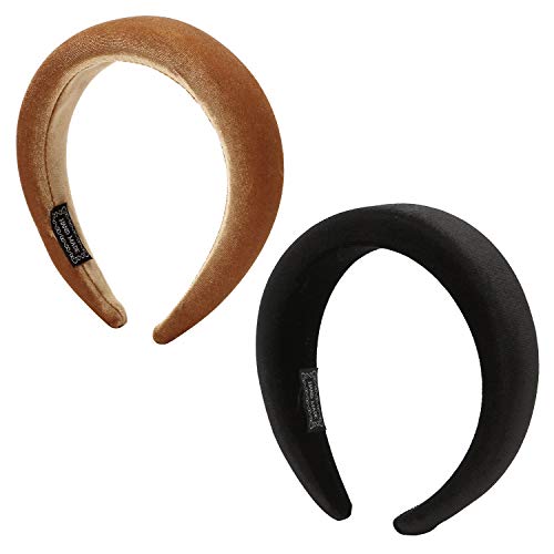 Folora 2pcs Padded Velvet Headbands Fashion Thick Velvet 90s Hair Accessories Wide Headband for Woman and Girls (Black, Brown)