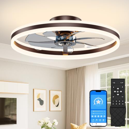 Image of VOLISUN Low Profile Ceiling Fans with Lights and Remote, 24in Flush Mount Ceiling Fans with Light, 3000K-6500K Dimmable Fandelier LED Fan Light, Brown Bladeless Ceiling Fans with Lights for Bedroom