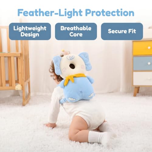 Image of Baby Head Protector Backpack - Soft & Lightweight Fall Cushion Backpack for Toddlers Walking and Crawling(Blue Elephant)