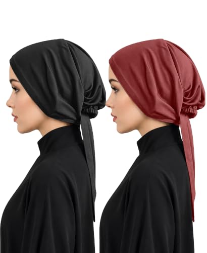 Image of Mehar Women's Hair Ponytail Cap Set of 2 | Soft Stretchable Polyester Hijab Inner Cap | Adjustable Tie-Back | Scarf & Helmet Inner | One Size Fits All